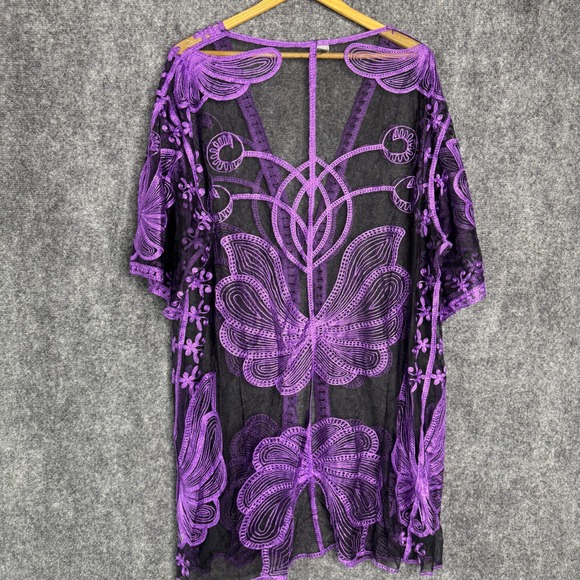 WoWo Kimono Womens XL‎ Purple Floral Embroidered Butterfly Whimsigoth Cover Up - Picture 2 of 9